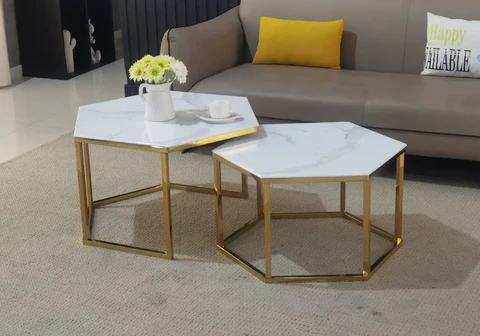 Golden stackable coffee tables with beige marble LYNA New Design